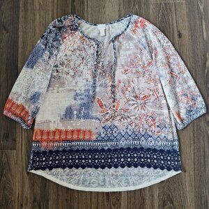 💙 Chico's Lightweight Soft Embroidered Lace 3/4 Sleeve Stretchy Size XL Boho Pe